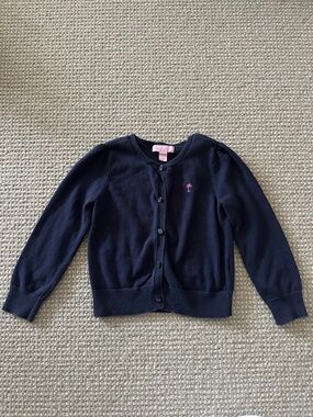 Lilly Pulitzer Navy Cardigan with Pink Palm Logo